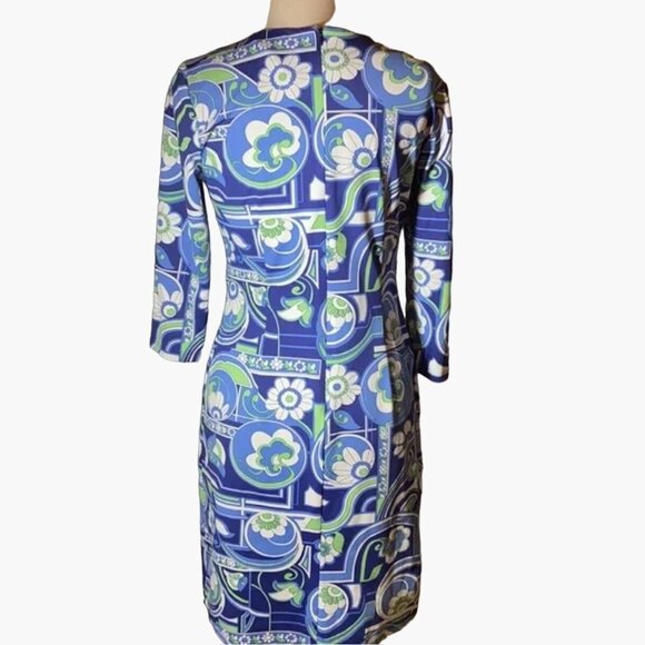 J. McLaughlin Blue Floral Dress Size Medium Stretchy Catalina Cloth Rear Zipper - Picture 8 of 9